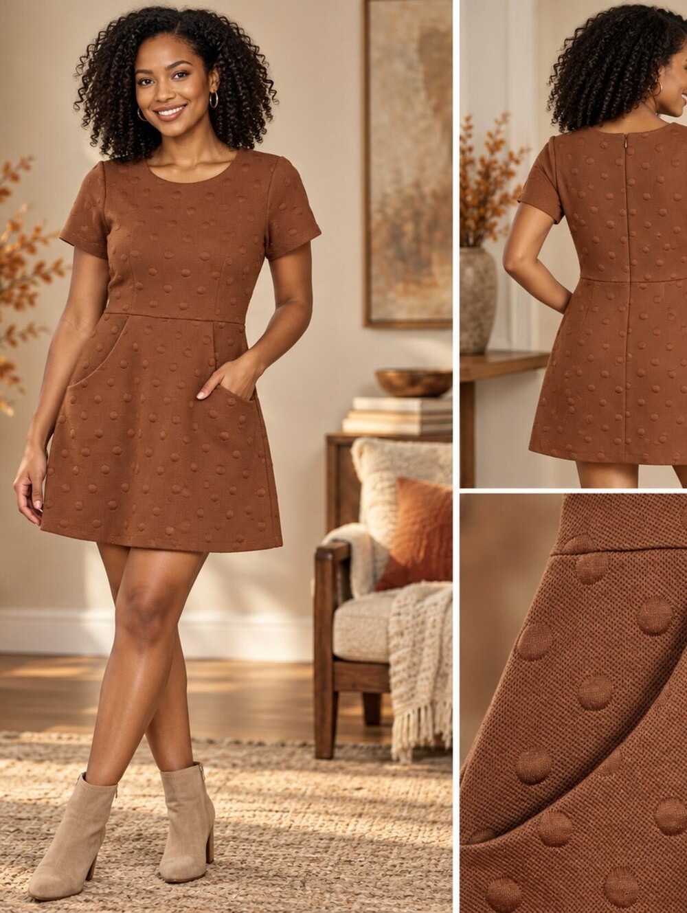 Hutch Rust Brown Raised Polka Dot Fit Flare Pocket Dress M